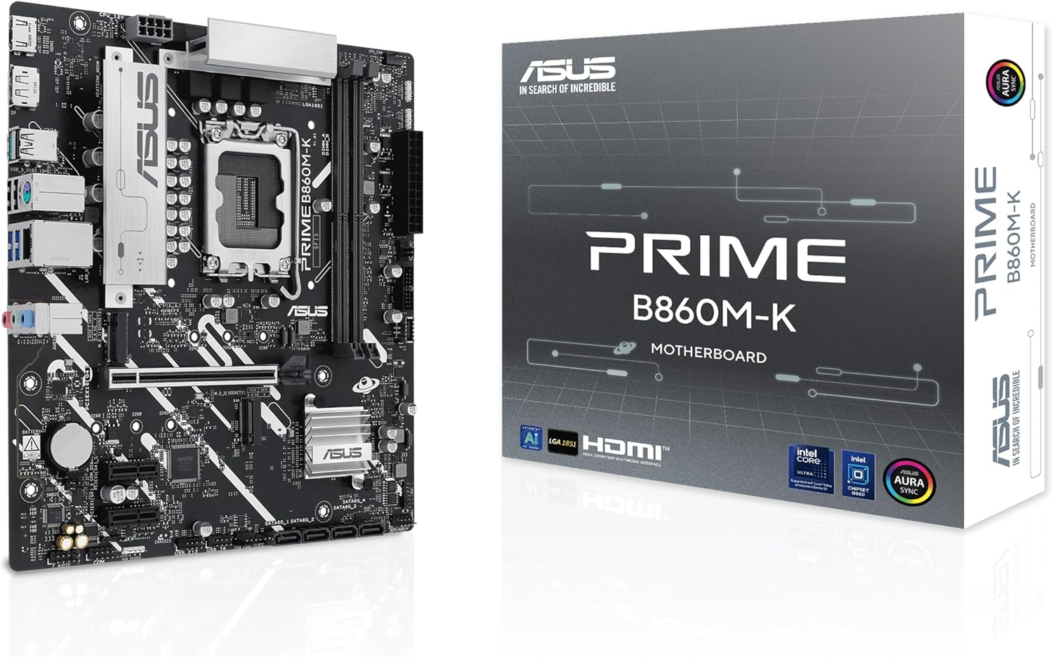 ASUS?PRIME?B860M?K?WIFI?AE – mATX LGA1851 Motherboard with DDR5?8800+?OC, PCIe?5.0 M.2, Wi?Fi?6E, 2.5?Gb Ethernet, USB 10/5?Gbps, Dual Display Outputs, AI?Ready & Aura Sync RGB