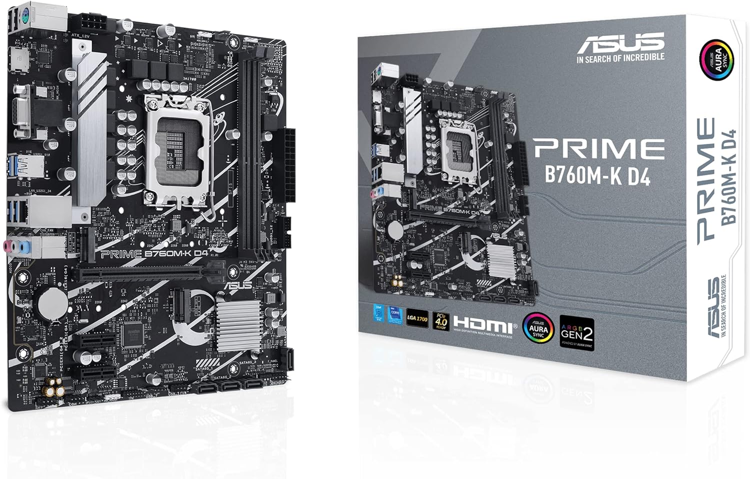 ASUS PRIME B760M-K D4-AE   Micro-ATX LGA1700 Motherboard with DDR4, PCIe 4.0, Dual M.2, Realtek 2.5Gb Ethernet, HDMI VGA, USB 3.2 Gen 1, Aura Sync RGB