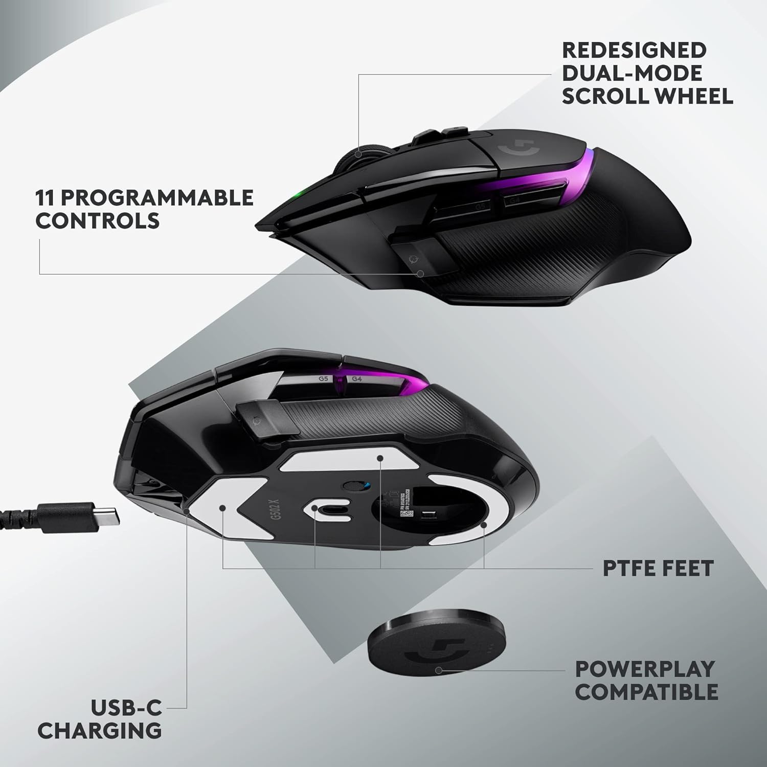 Logitech G502 X PLUS LIGHTSPEED Wireless RGB Gaming Mouse - Optical mouse with LIGHTFORCE hybrid switches, LIGHTSYNC RGB, HERO 25K gaming sensor, compatible with PC - macOS/Windows - Black