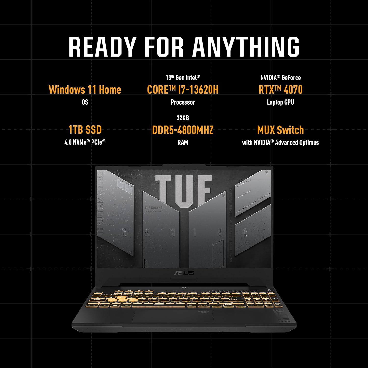 ASUS TUF F15 Laptop 13th Gen Intel Core i7-13620H | NVIDIA GeForce RTX 4070 8GB, 144Hz Refresh Rate