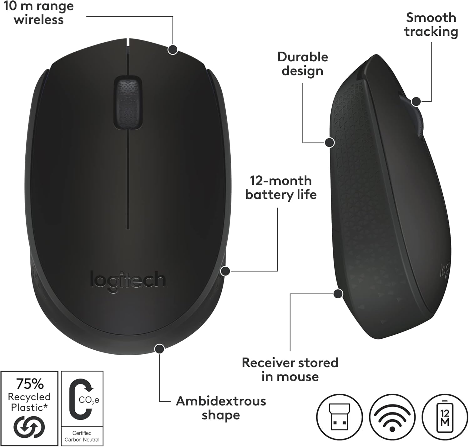 Logitech M171 Wireless Mouse for PC, Mac, Laptop, 2.4 GHz, Optical Tracking, 12-Months Battery Life, Ambidextrous-Black