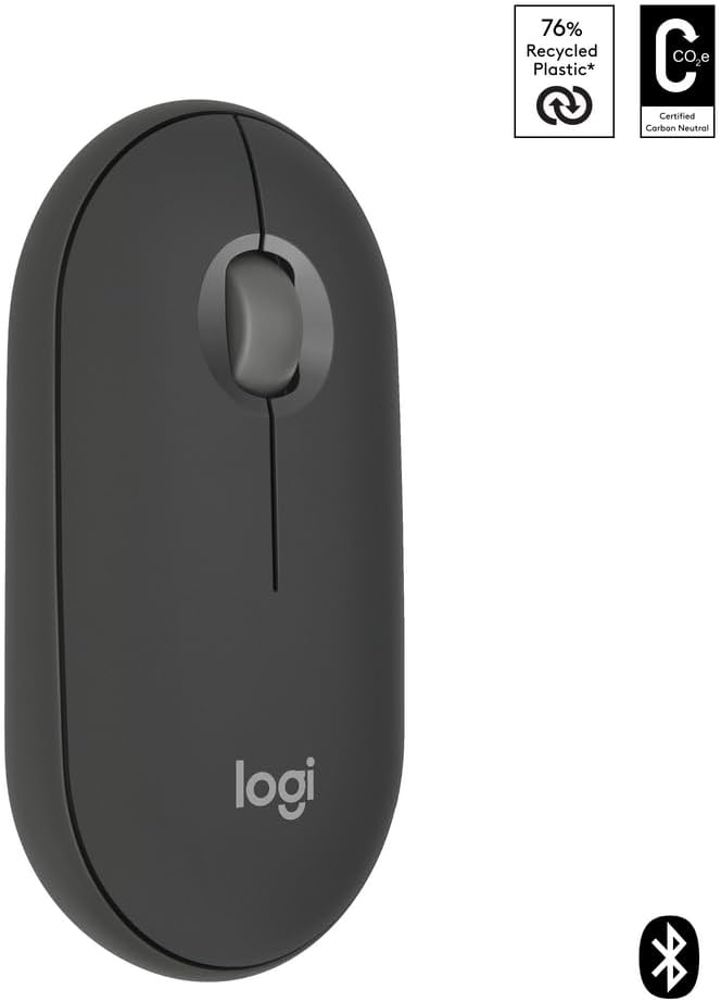 Logitech Pebble Mouse 2 M350s Slim Bluetooth Wireless Mouse, Portable, Customisable Button, Quiet Clicks, 4K DPI, 24-month battery, Easy-Switch for Windows, macOS, iPadOS, Android, Chrome OS -Graphite