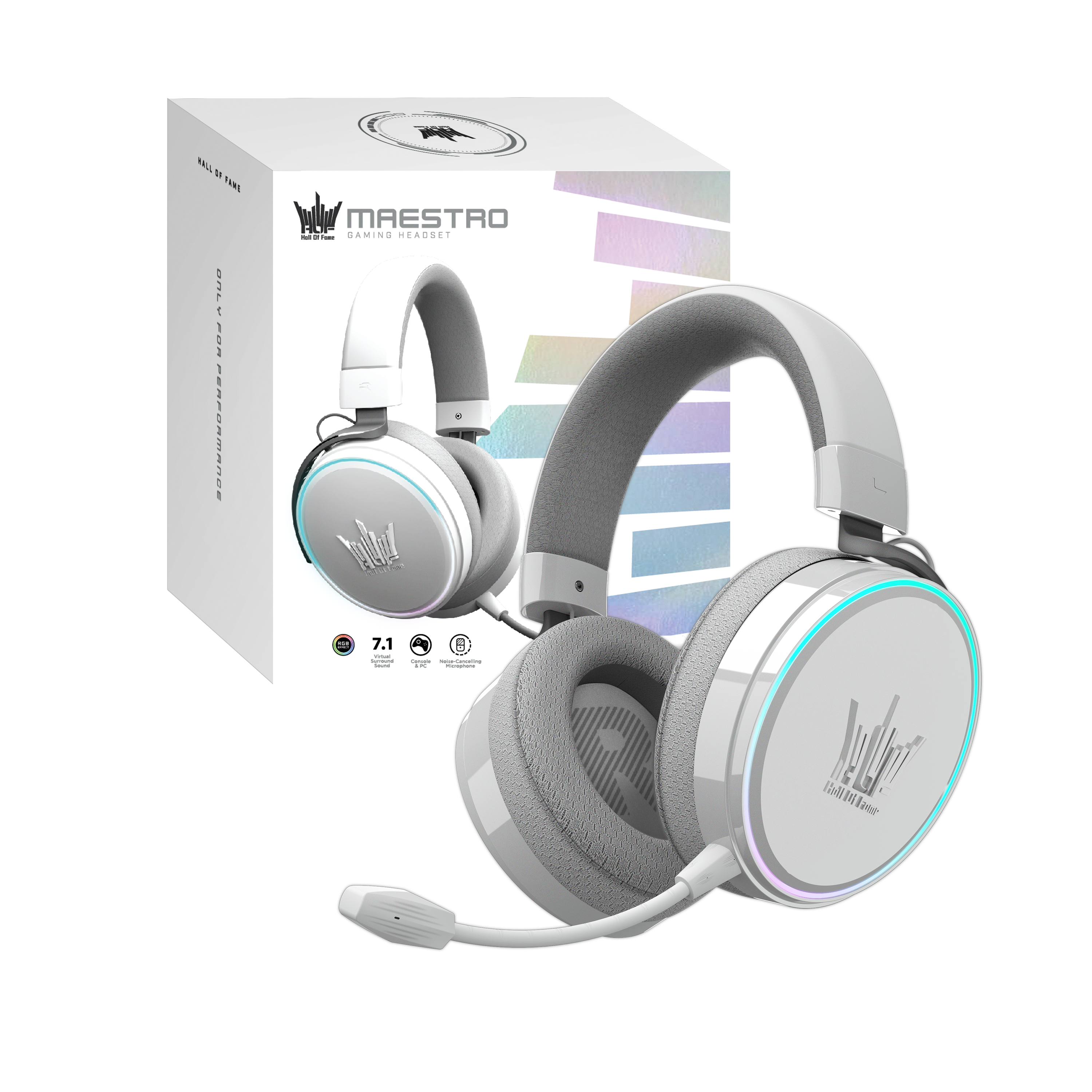 GALAX HOF Maestro H1 Piano White Gaming Headset – USB & 3.5 mm Wired, Virtual 7.1 Channel Surround, 50 mm Drivers, Uni-Directional Noise-Cancelling Mic, Halo RGB Lighting