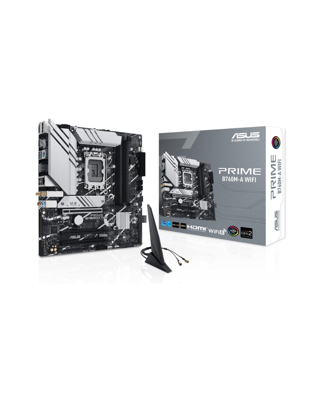 ASUS PRIME B760M A WIFIAE   mATX LGA1700 Motherboard with DDR5 7200+OC, PCIe4.0, Dual M.2, WiFi6, Realtek 2.5 Gb Ethernet, USB 3.2 Gen 2/C, DP & Dual HDMI BIOS FlashBack & Aura Sync RGB