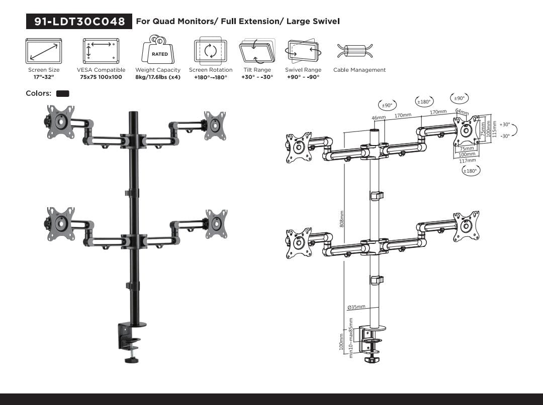 Heavy-Duty Quad Monitor Desk Mount – Fits 13" to 32" Screens | Full Motion Adjustable Arms | Tilt, Swivel & Rotate | VESA Compatible | Cable Management | Clamp & Grommet Base