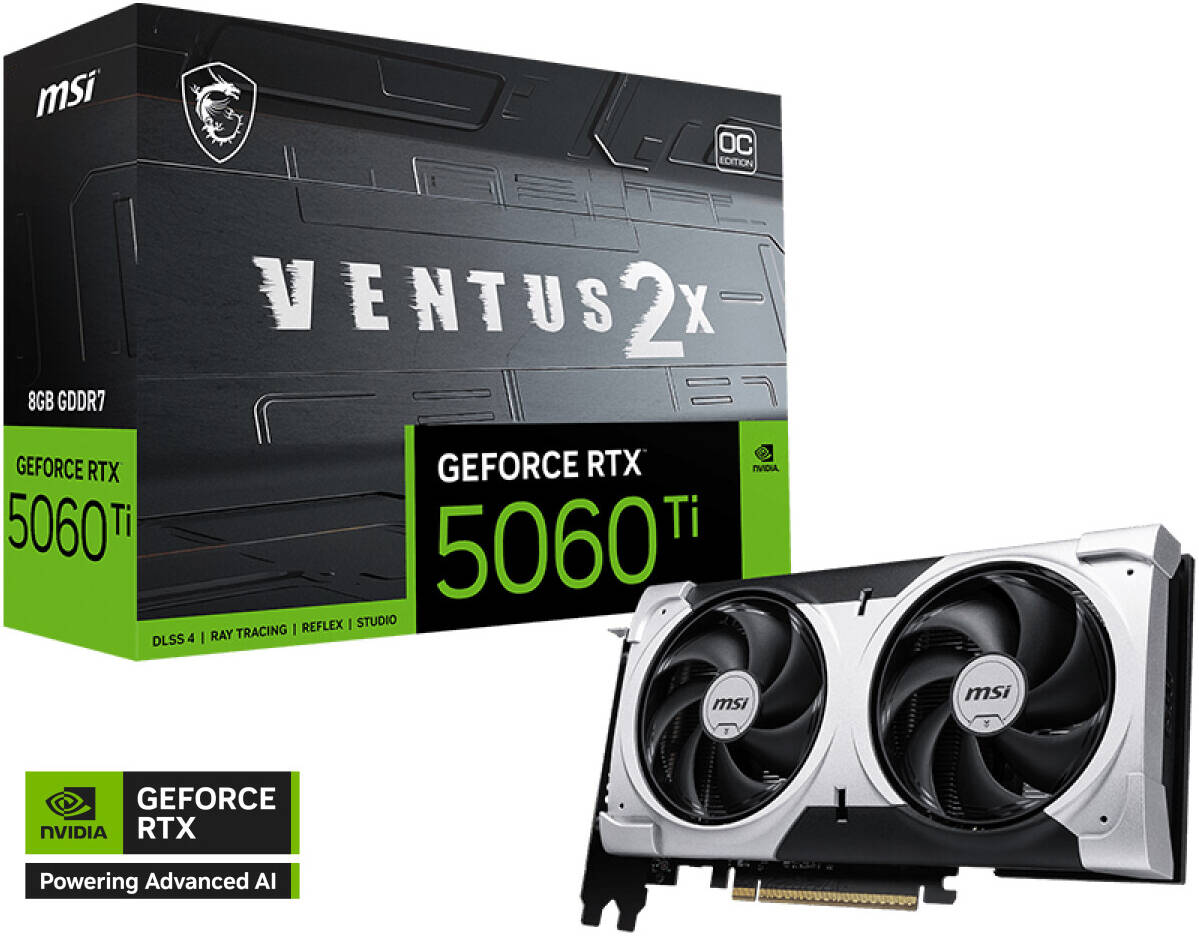MSI GeForce RTX 5060 Ti 8GB VENTUS 2X OC PLUS Graphics Card – Dual Fan Cooling, Ray Tracing, DLSS 3.5, Overclocked GPU for High-Performance Gaming