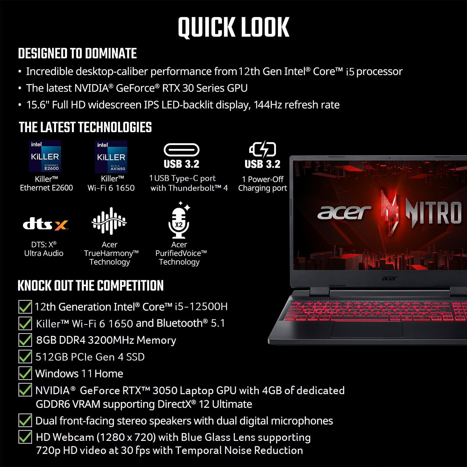 Acer Nitro V ANV15 Gaming Laptop | i5 12th/13th Gen | 8GB | 512GB SSD | 6GB NVIDIA GeForce RTX 3050 | 15.6" FHD 144Hz IPS Display