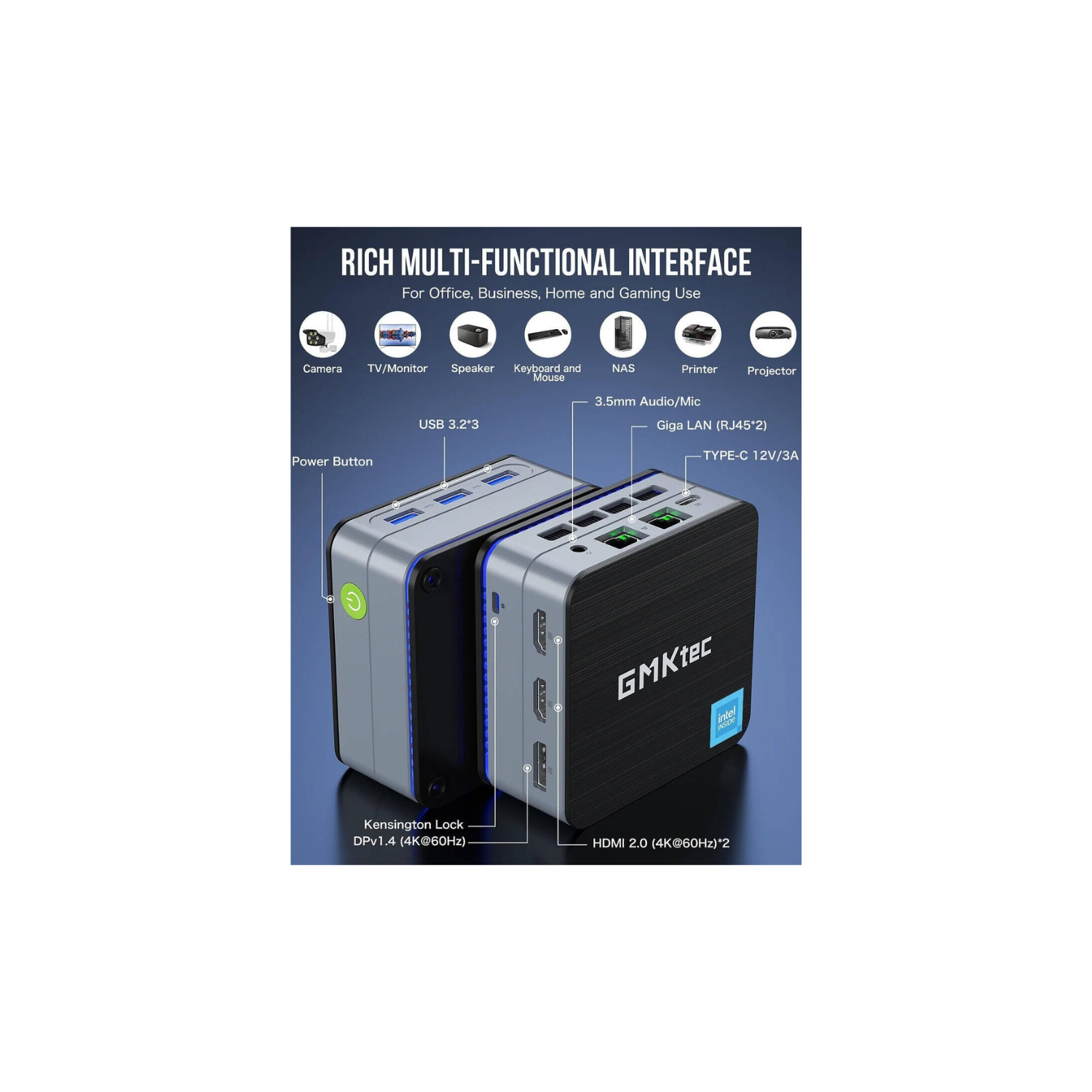 GMKtec NucBox G2 Plus Desktop Ultracompact Mini PC, Intel Twin Lake N150(4C/4T) up to 3.6GHz, 12GB LPDDR5 RAM, 512GB SSD, WiFi 6, BT5.2, Windows 11 Pro, Black, Blue | NucBox G2 Plus