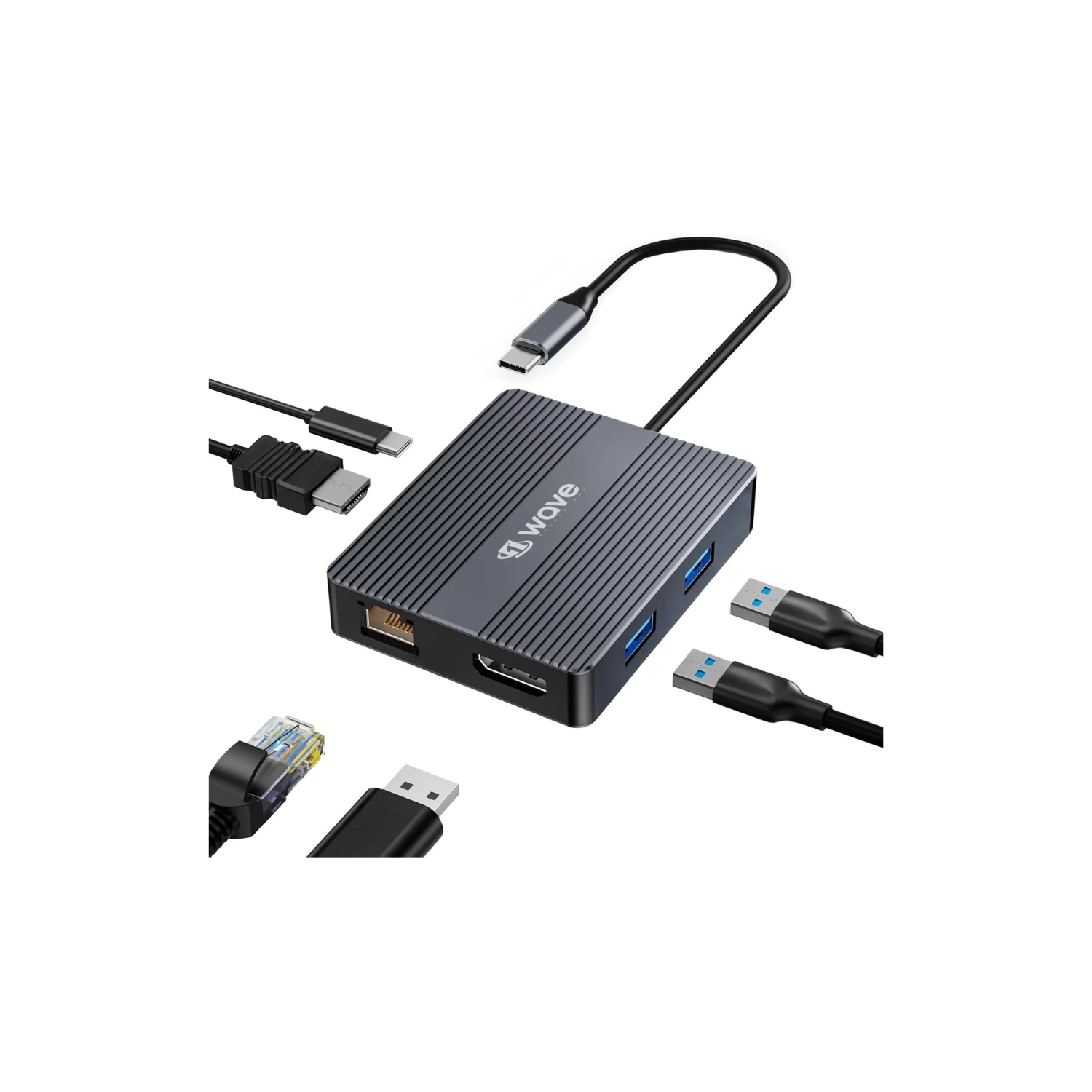 First Wave SlimDock 7-in-1 USB-C Hub – 2× USB 3.2, USB-C 3.2 (10Gbps), 100W PD Fast Charging, HDMI 4K@60Hz, DP 1.2, Gigabit Ethernet LAN, Aluminum Alloy, Metallic Grey Multiport Docking Station