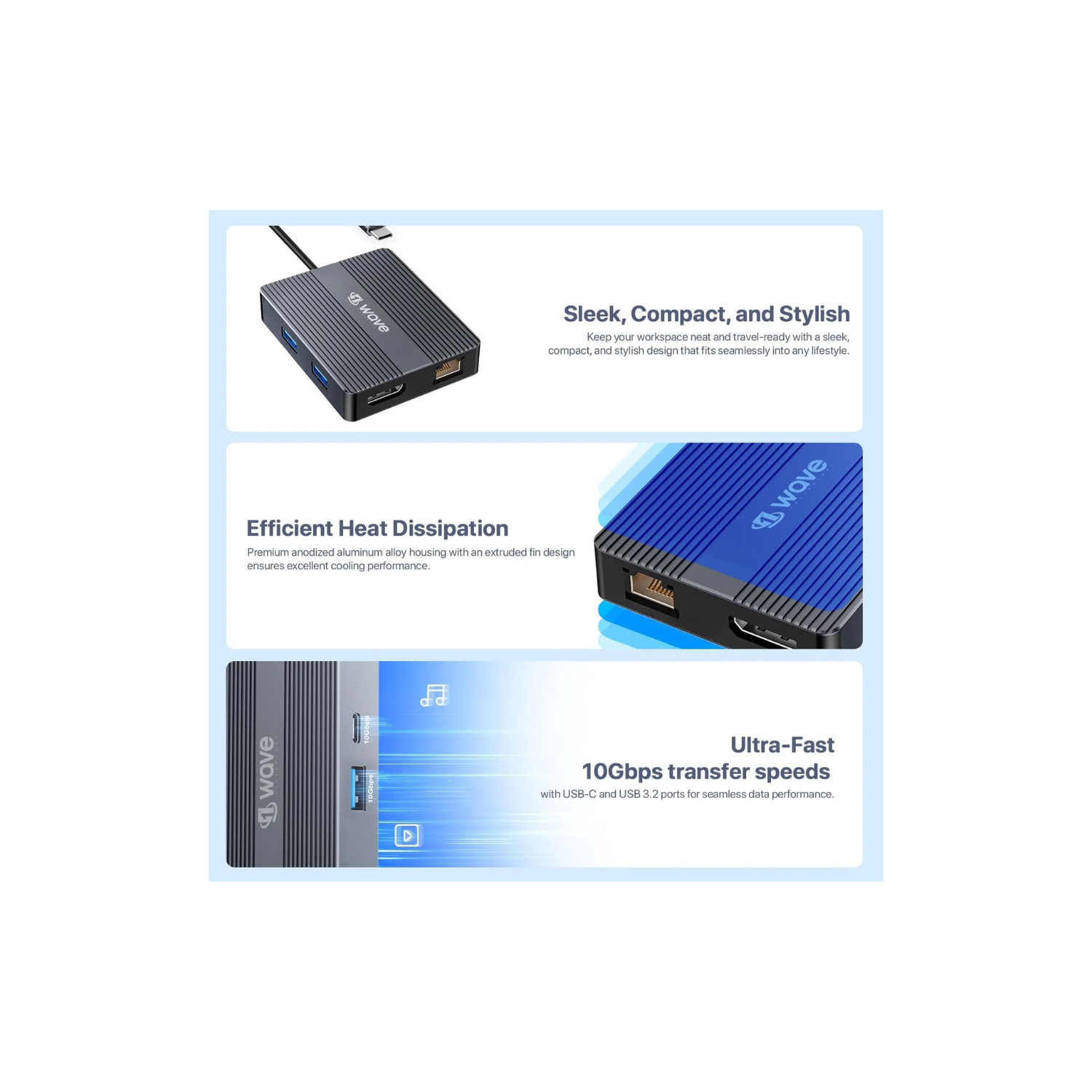 First Wave SlimDock 7-in-1 USB-C Hub – 2× USB 3.2, USB-C 3.2 (10Gbps), 100W PD Fast Charging, HDMI 4K@60Hz, DP 1.2, Gigabit Ethernet LAN, Aluminum Alloy, Metallic Grey Multiport Docking Station