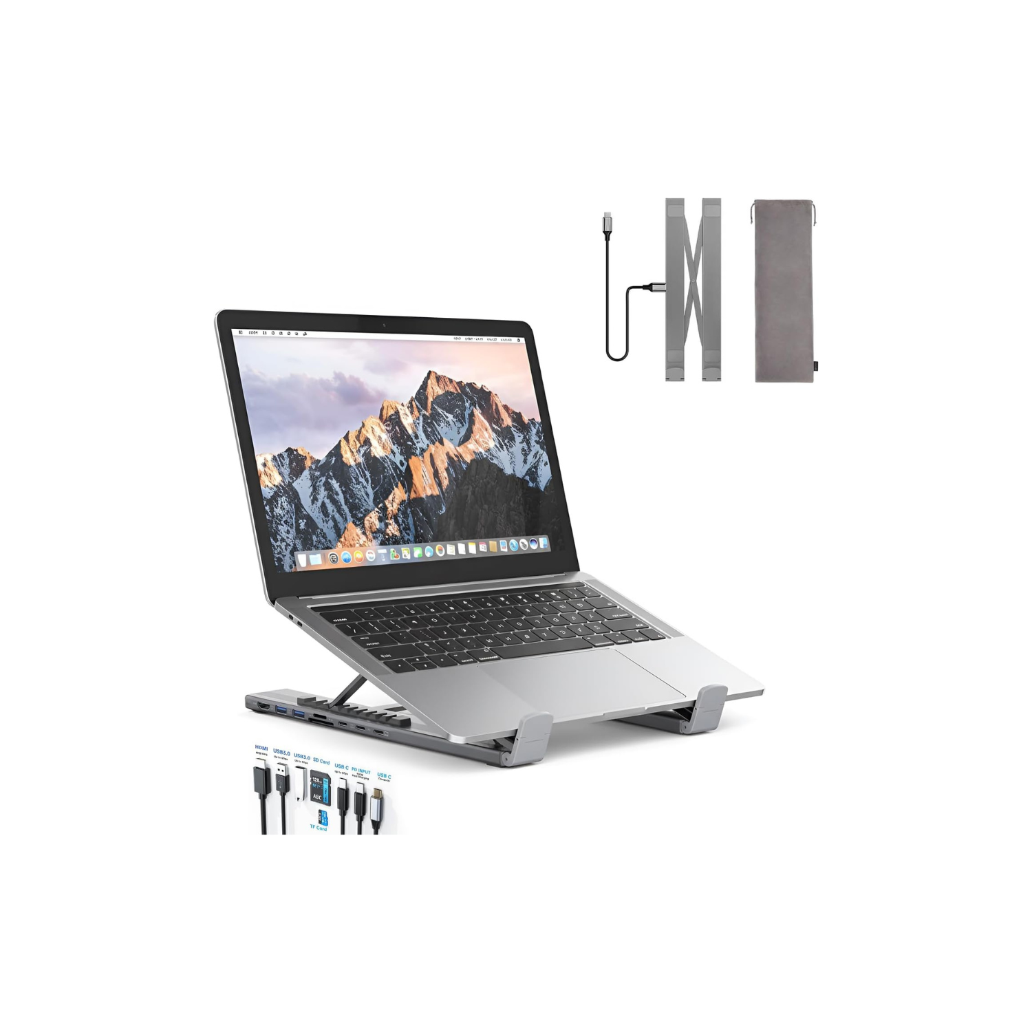 First Wave Laptop Stand DockHub 8-in-1  & USB-C Docking Station | Adjustable Ergonomic Riser with 4K HDMI, PD 100W, USB 3.0, SD/TF Card Reader, Multiport Hub for MacBook Pro/Dell/HP/Lenovo, Plug & Play