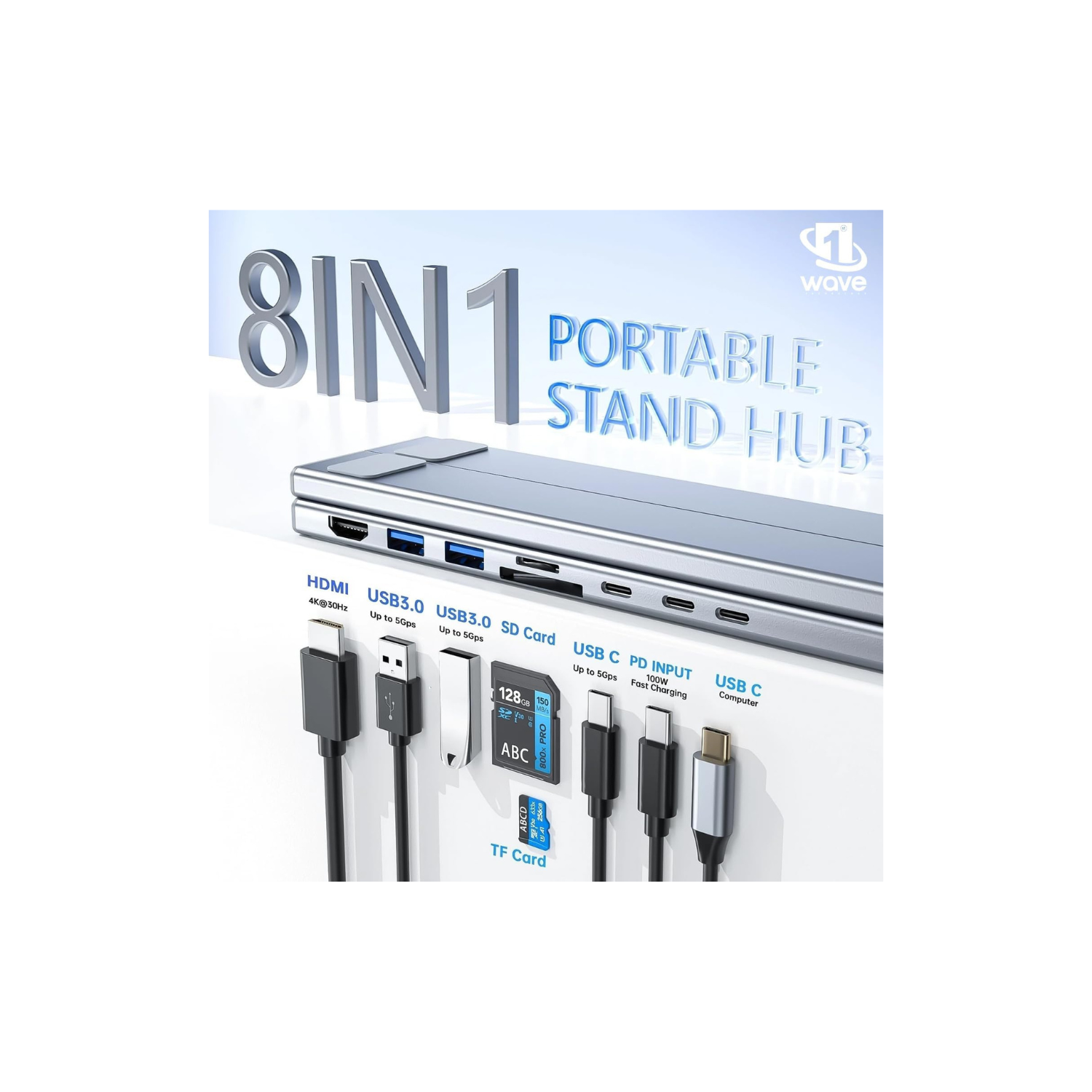 First Wave Laptop Stand DockHub 8-in-1  & USB-C Docking Station | Adjustable Ergonomic Riser with 4K HDMI, PD 100W, USB 3.0, SD/TF Card Reader, Multiport Hub for MacBook Pro/Dell/HP/Lenovo, Plug & Play