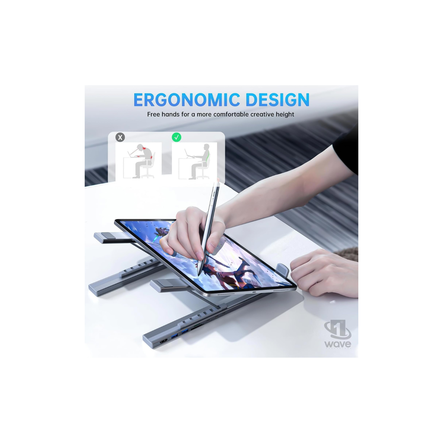 First Wave Laptop Stand DockHub 8-in-1  & USB-C Docking Station | Adjustable Ergonomic Riser with 4K HDMI, PD 100W, USB 3.0, SD/TF Card Reader, Multiport Hub for MacBook Pro/Dell/HP/Lenovo, Plug & Play