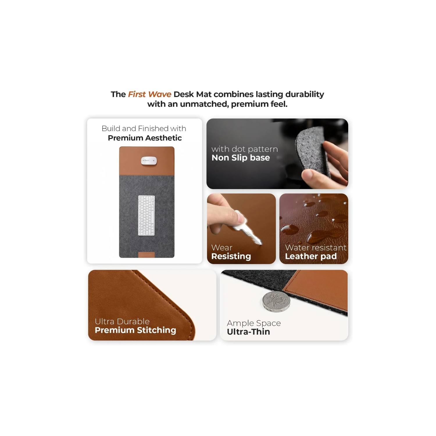 First Wave Signature Mat | Premium Desk Mat 100x35cm | Smooth Felt & Leather | Gaming, Office & Home | Clean & Organized Desk | Laptop, Keyboard & Mouse Pad | Anti-Slip, Water-Resistant | Grey-Tan