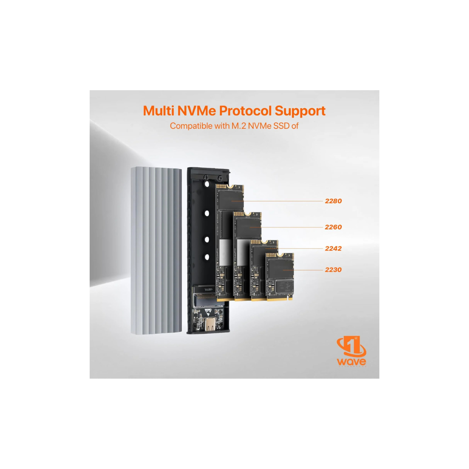 First Wave ArmorDrive NVMe Enclosure – Tool-Free M.2 PCIe SSD Adapter, USB 3.2 Gen 2 Type-C, LED Indicator, Metal Body with Rubber Casing for M.2 2230/2242/2260/2280 SSDs, Silver Tangerine