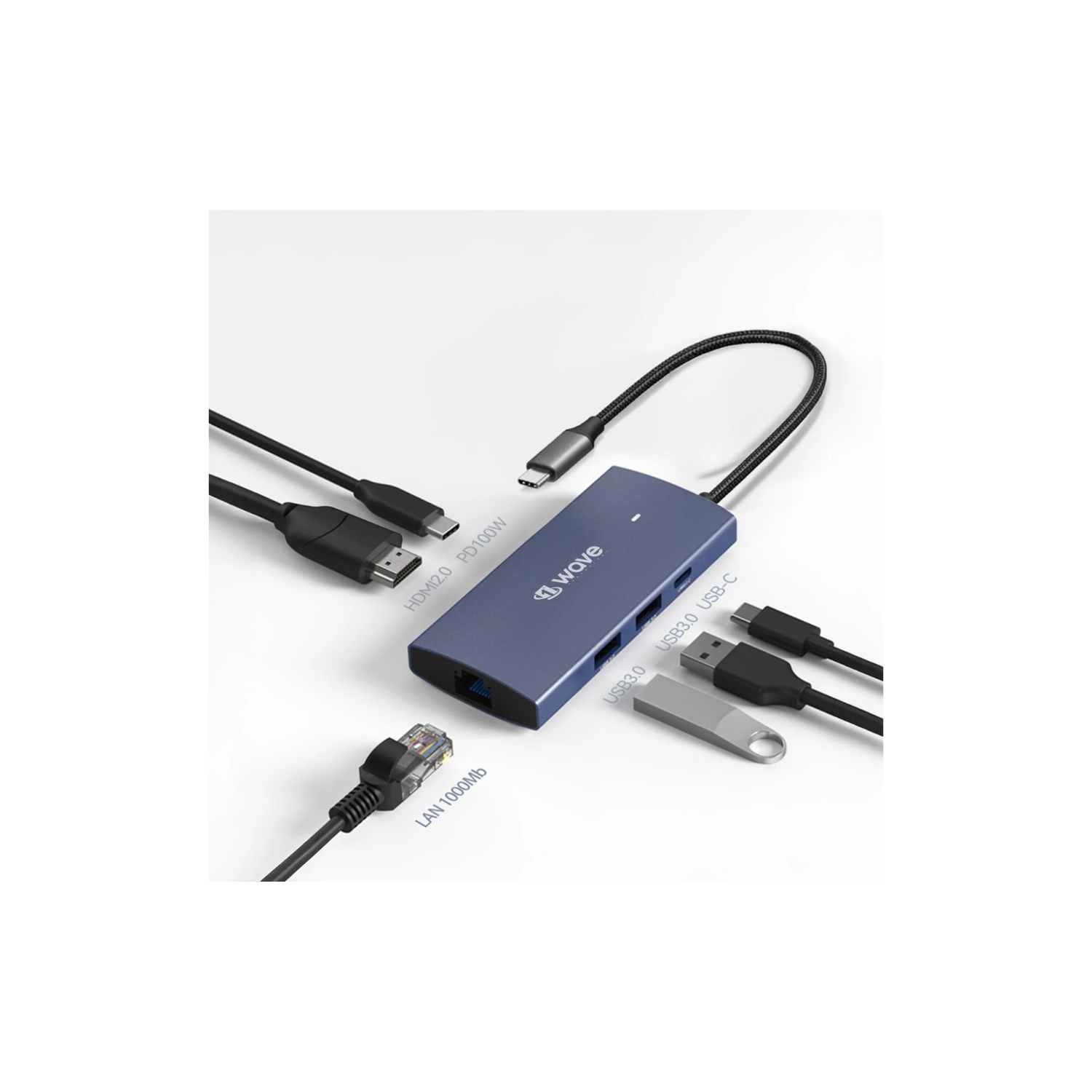 First Wave PocketHub 6-in-1 USB-C Docking Hub – 4K HDMI 2.0, 100W PD Charging, RJ45 GbE LAN, USB-C, 2× USB 3.2 Ports, Portable Multiport Adapter for Laptop, MacBook Pro/Air, iPad, PC, Metallic Blue