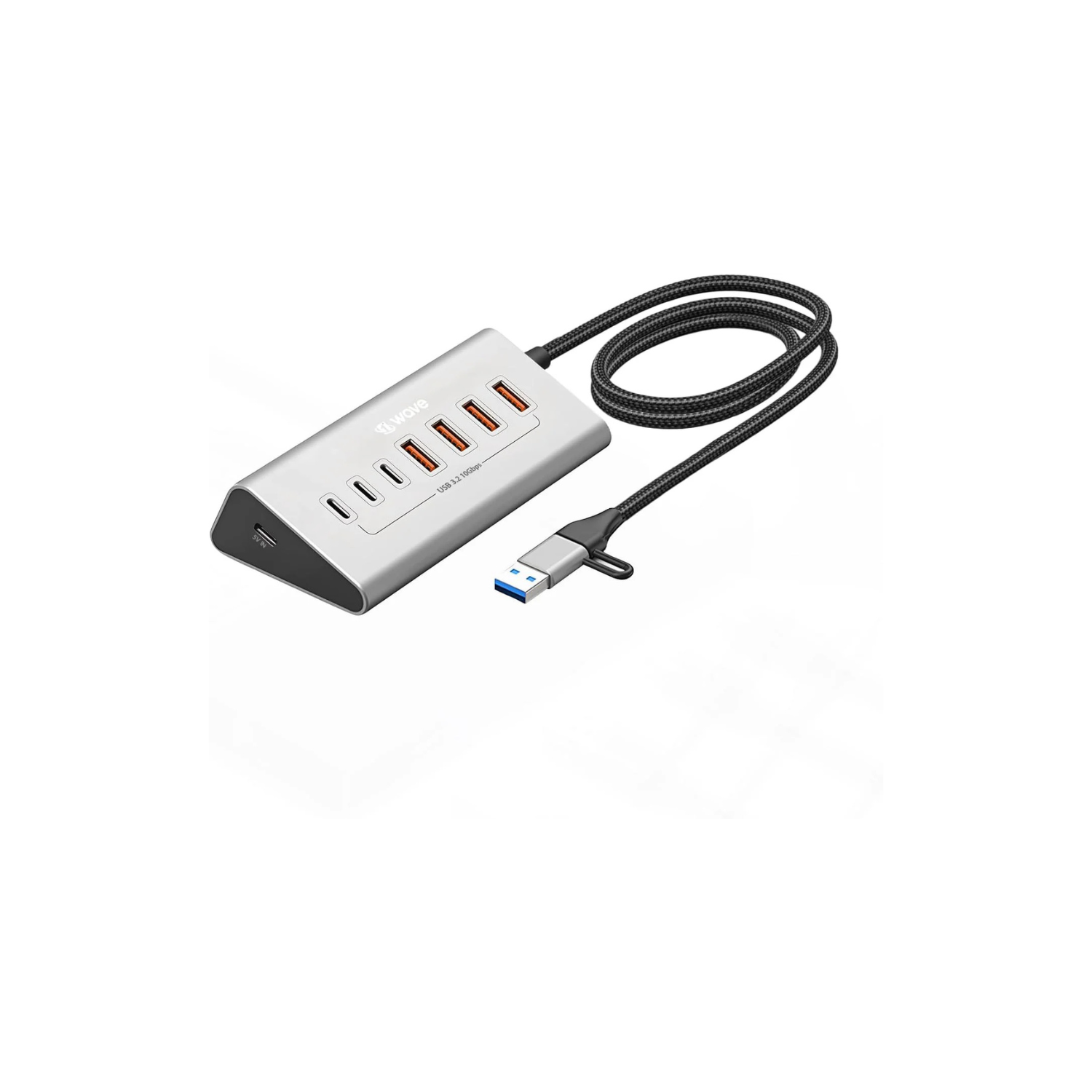 First Wave DeskHub 7-in-1 USB-C Hub – 10Gbps USB 3.2 Gen 2, Aluminum, USB-A Cap, 1m Braided Cable, Hot-Swap, Plug & Play, Over-Voltage & Over-Current Protection, for Laptop, PC, MacBook, Lunar Silver