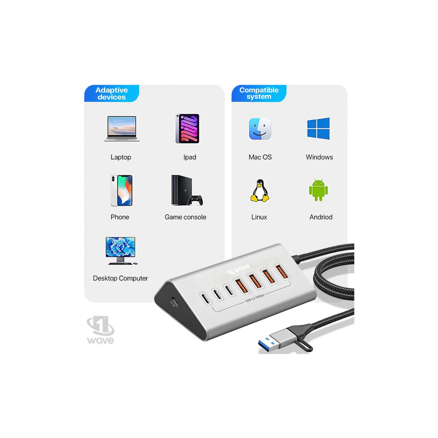 First Wave DeskHub 7-in-1 USB-C Hub – 10Gbps USB 3.2 Gen 2, Aluminum, USB-A Cap, 1m Braided Cable, Hot-Swap, Plug & Play, Over-Voltage & Over-Current Protection, for Laptop, PC, MacBook, Lunar Silver