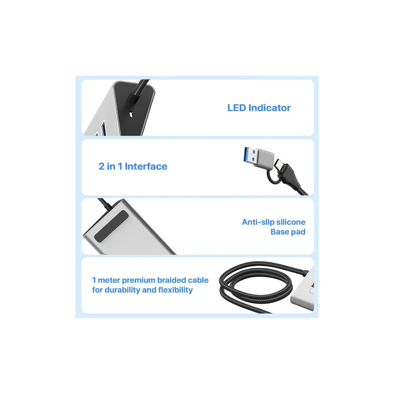 First Wave DeskHub 7-in-1 USB-C Hub – 10Gbps USB 3.2 Gen 2, Aluminum, USB-A Cap, 1m Braided Cable, Hot-Swap, Plug & Play, Over-Voltage & Over-Current Protection, for Laptop, PC, MacBook, Lunar Silver