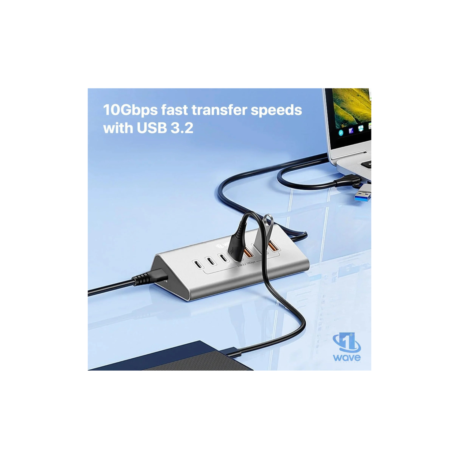 First Wave DeskHub 7-in-1 USB-C Hub – 10Gbps USB 3.2 Gen 2, Aluminum, USB-A Cap, 1m Braided Cable, Hot-Swap, Plug & Play, Over-Voltage & Over-Current Protection, for Laptop, PC, MacBook, Lunar Silver