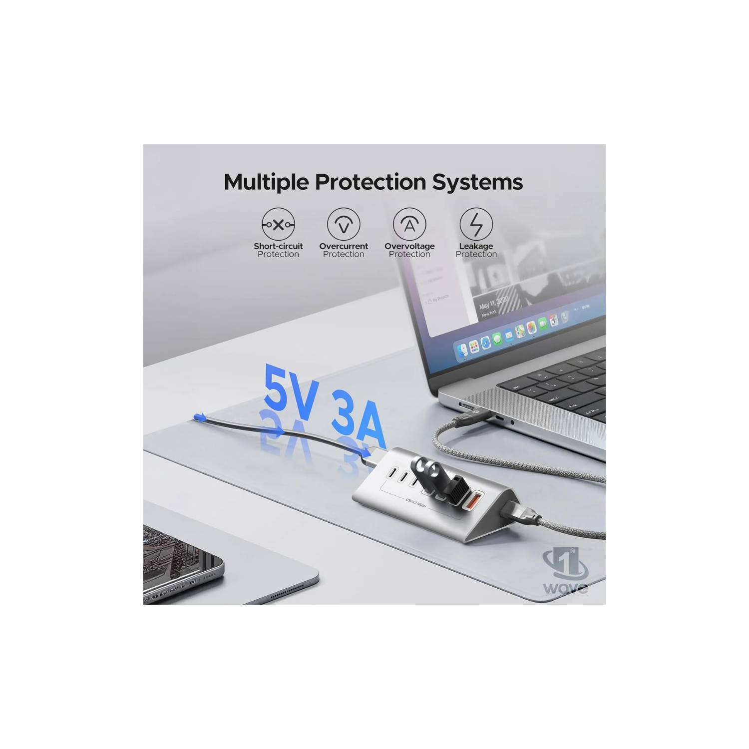 First Wave DeskHub 7-in-1 USB-C Hub – 10Gbps USB 3.2 Gen 2, Aluminum, USB-A Cap, 1m Braided Cable, Hot-Swap, Plug & Play, Over-Voltage & Over-Current Protection, for Laptop, PC, MacBook, Lunar Silver