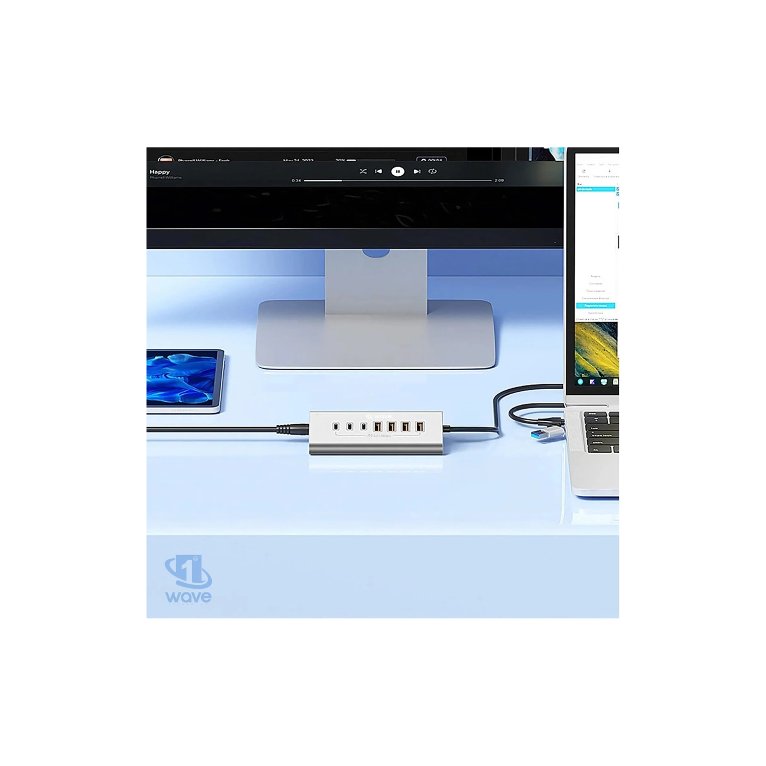 First Wave DeskHub 7-in-1 USB-C Hub – 10Gbps USB 3.2 Gen 2, Aluminum, USB-A Cap, 1m Braided Cable, Hot-Swap, Plug & Play, Over-Voltage & Over-Current Protection, for Laptop, PC, MacBook, Lunar Silver