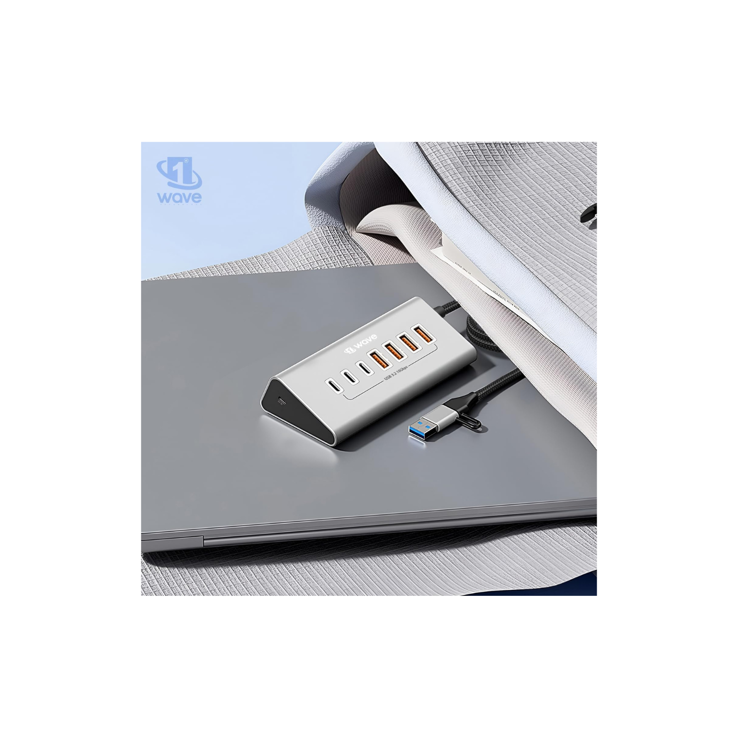 First Wave DeskHub 7-in-1 USB-C Hub – 10Gbps USB 3.2 Gen 2, Aluminum, USB-A Cap, 1m Braided Cable, Hot-Swap, Plug & Play, Over-Voltage & Over-Current Protection, for Laptop, PC, MacBook, Lunar Silver