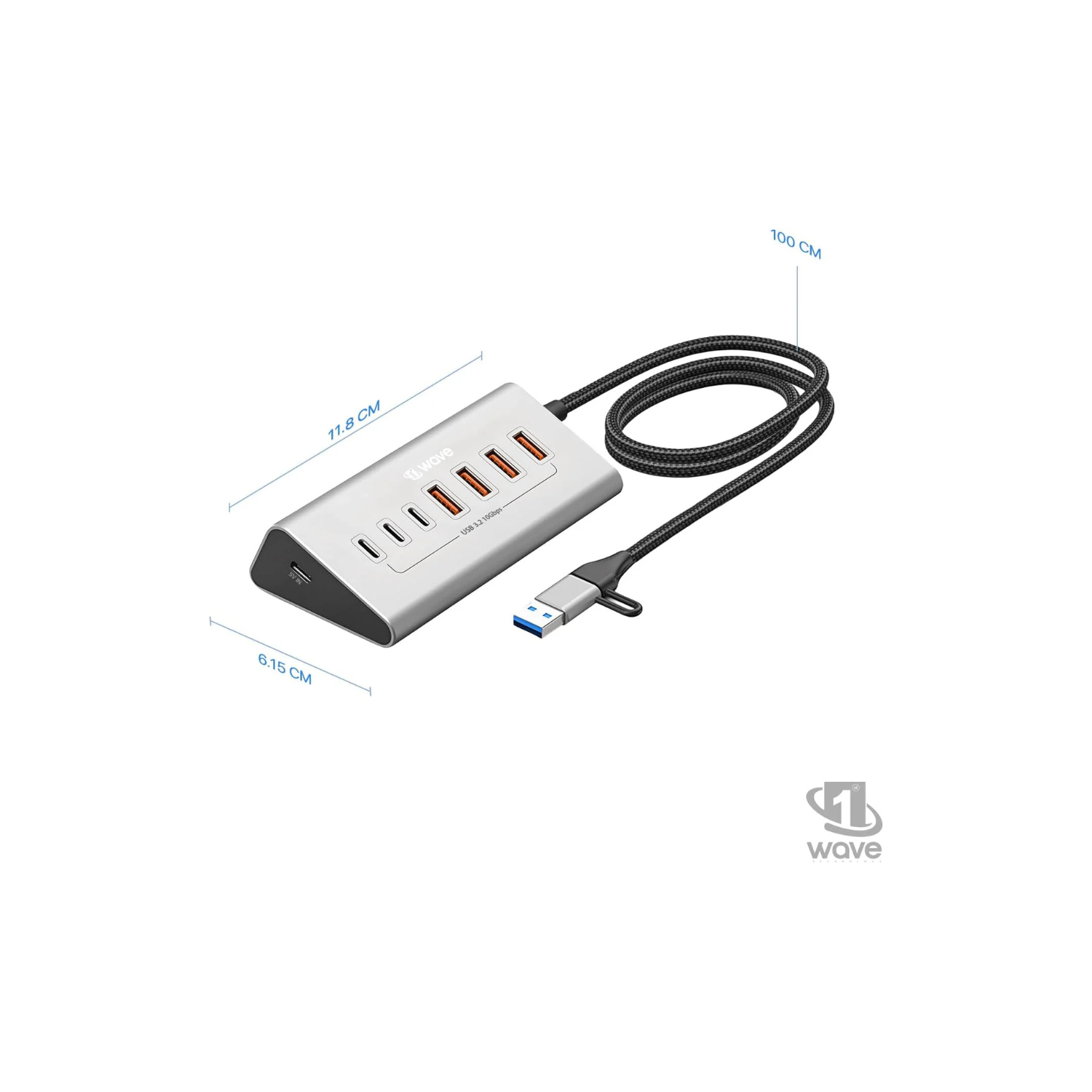 First Wave DeskHub 7-in-1 USB-C Hub – 10Gbps USB 3.2 Gen 2, Aluminum, USB-A Cap, 1m Braided Cable, Hot-Swap, Plug & Play, Over-Voltage & Over-Current Protection, for Laptop, PC, MacBook, Lunar Silver