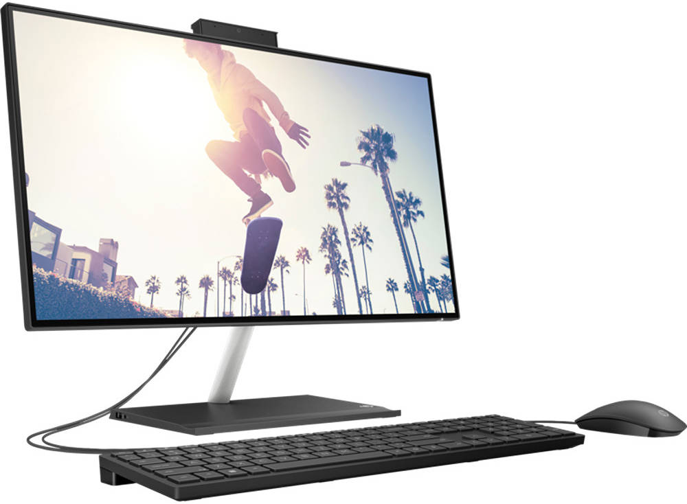 HP 24-cb1022nh Bundle AIO Desktop Computer, 23.8" Diagonal, FHD VA Display, Intel Core i5-1235U, 8GB RAM, 256GB SSD, HP 225 Black Wired KB & Mouse, Free DOS, Black | 6P0E4EA#BH5