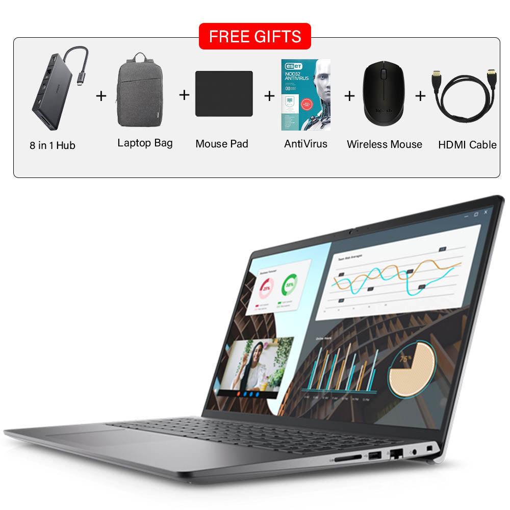 Dell Vostro 3530 Laptop | FREE 8 in 1 HUB + HDMI CABLE + ANTI VIRUS + MOUSE + LAPTOP BAG + MOUSE PAD | 15.6" FHD Display, Intel i7-1355U, Win 11 Pro (Upgrade)