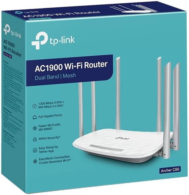 TP Link Archer C86 AC1900 Wireless MU-MIMO Wi-Fi Router, Dual-Band, 2.4GHz (600Mbps) & 5GHz (1300Mbps), 3x3 MU-MIMO, One Mesh Supported, Beamforming, 6x Antennas, White | Archer C86