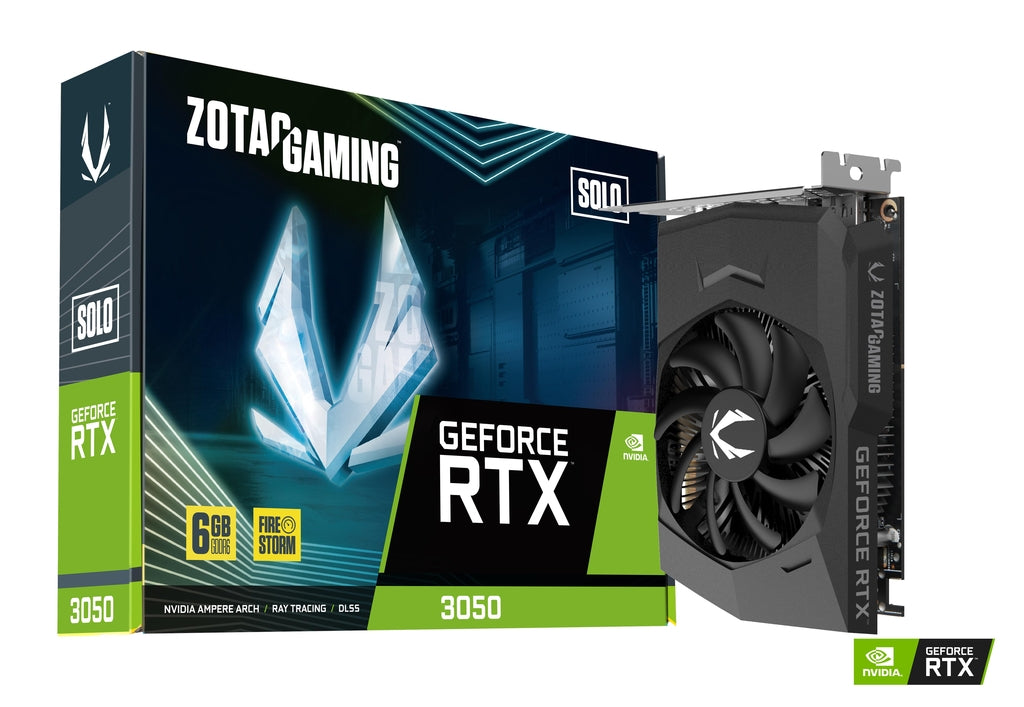 ZOTAC GAMING GeForce RTX 3050 6GB Solo – NVIDIA Ampere Architecture, DLSS & Ray Tracing, IceStorm Cooling, Single Fan Compact Design, PCIe 4.0, HDMI/DisplayPort, 1080p & 1440p Gaming Graphics Card