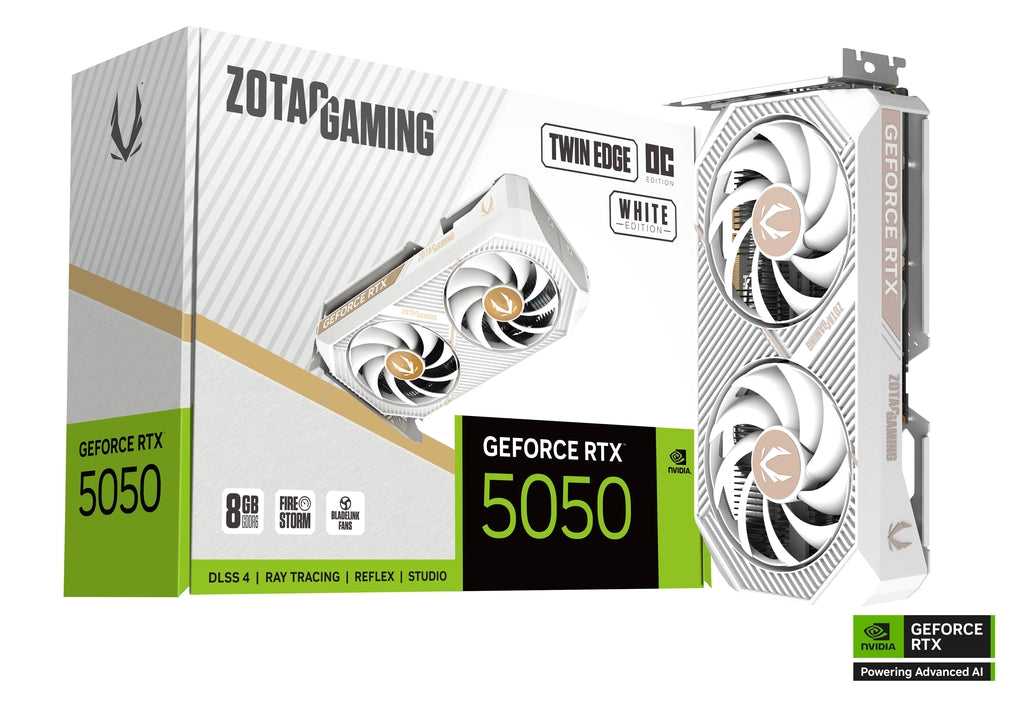 ZOTAC GAMING GeForce RTX 5050 Twin Edge OC White Edition – 8GB GDDR6, NVIDIA Blackwell Architecture, DLSS 4, Ray Tracing, IceStorm 2.0 Cooling, Dual Fan, Compact Design, HDMI/DisplayPort, 4K Gaming Graphics Card