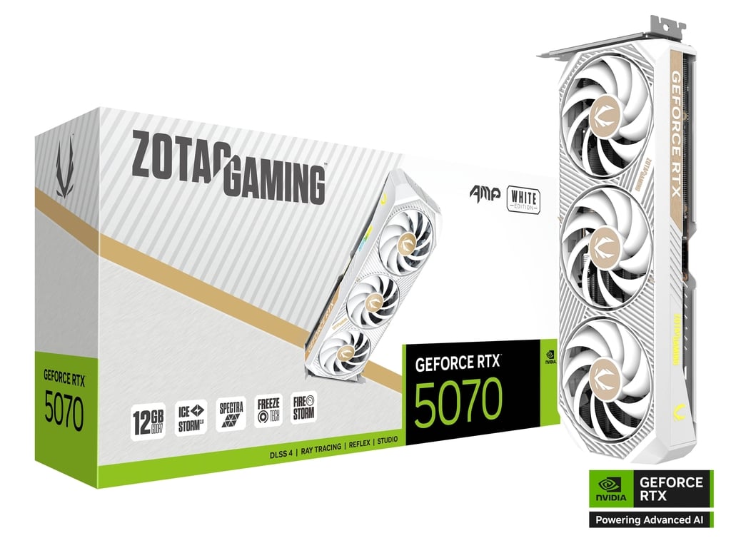 ZOTAC GAMING GeForce RTX 5070 AMP White Edition – 16GB GDDR7, Blackwell Architecture, DLSS 4, Ray Tracing, IceStorm 3.0 Cooling, Triple Fan, Elegant White Design, HDMI/DisplayPort, PCIe 5.0, 4K & 8K Gaming GPU